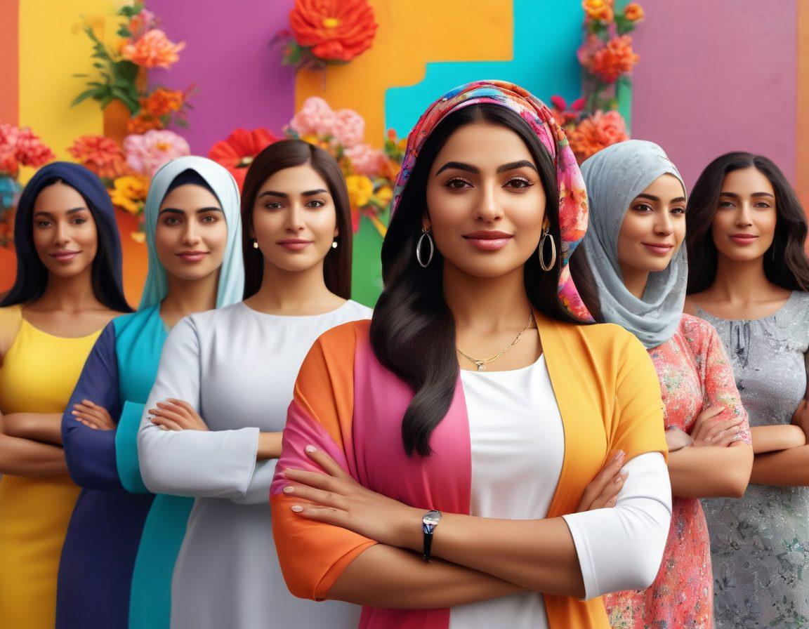 A powerful Arab-American woman standing confidently with her arms crossed, surrounded by diverse women of various body types celebrating their uniqueness in a colorful urban setting, with symbols of entrepreneurship like laptops and coffee cups in the background, bright flowers symbolizing growth and positivity, conveying a sense of unity and empowerment. vibrant colors. 3D.