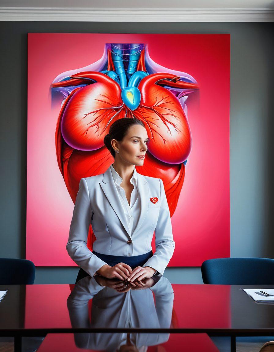 A confident businesswoman stands at a boardroom table, with a backdrop of empowering female anatomy art on the walls. The juxtaposition of stylish femininity and corporate strength is highlighted, showcasing elements like a glowing heart symbolizing passion, and abstract representations of female figures exuding empowerment. Vivid colors contrast the sleek, modern design of the boardroom, creating an inspiring atmosphere of celebration and ambition. vibrant colors. contemporary art style. polished finish.