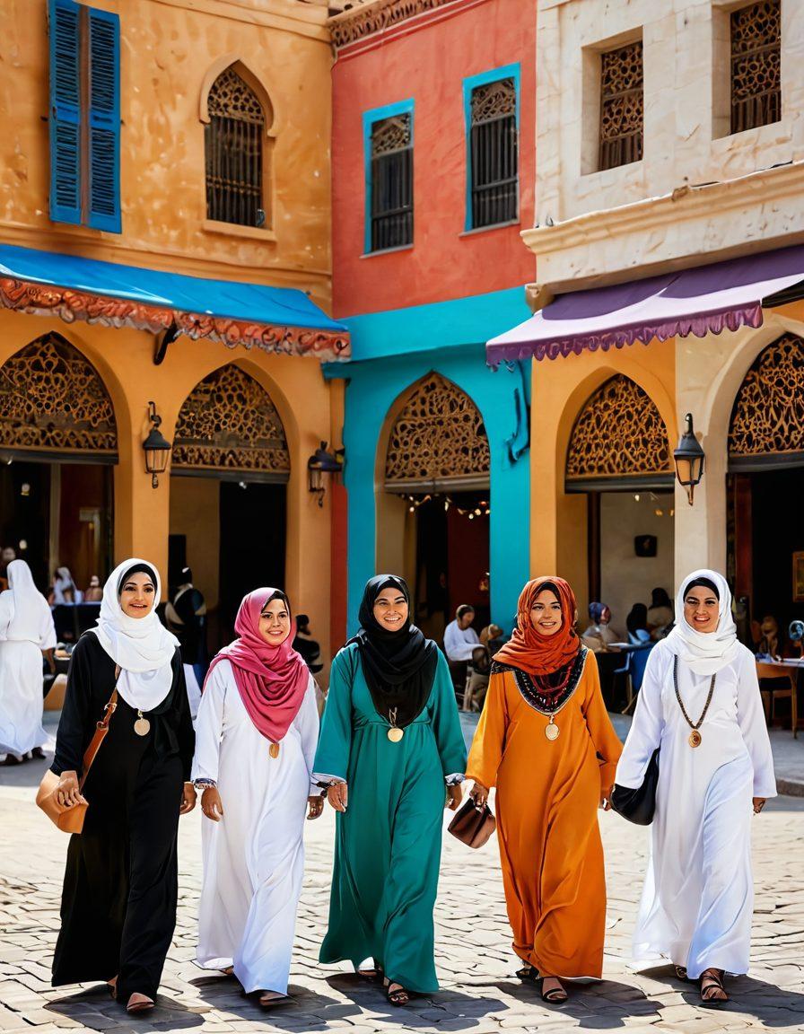 A diverse group of Arab-American women engaging in a vibrant marketplace, showcasing their crafts and businesses. The setting reflects cultural elements like traditional clothing, colorful banners, and lively interactions, symbolizing empowerment and community spirit. The background includes a historic cityscape with iconic Arab architecture, blending tradition and modernity. Bright, warm colors to evoke a sense of energy and collaboration. super-realistic. vibrant colors. 3D.